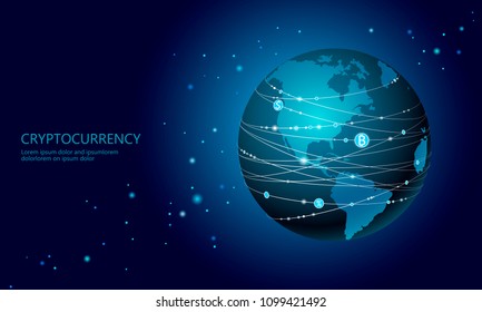 Planet Earth cryptocurrency bitcoin sign. Online internet network communication mining. International global finance system. America world map USA Canada Mexico Brazil flat cartoon vector illustration