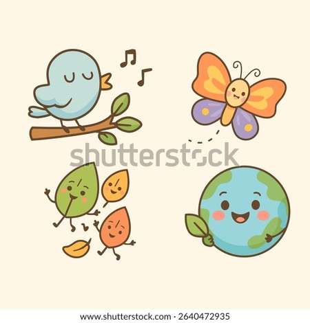 Planet Earth with cute bird, leaf, and butterfly – smiling nature characters for children’s climate education, sustainability awareness, and green environment design