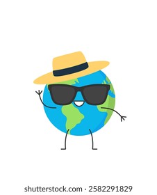 Planet Earth cute character cartoon happy sunny day travel vacation holidays sunglasses summer hat smile face emotion vector illustration.