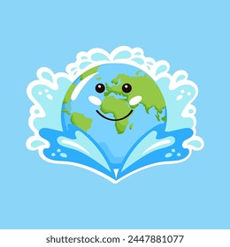 Planeta Tierra carácter lindo con agua salpicada. Vector dibujado a mano. 