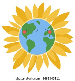Planet Earth - cute vector illustration. Blue planet with Sunflower petals. Cartoon Happy Earth Day background.