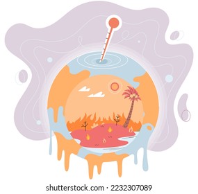 Planet Earth, danger rising temperature, thermometer, water drops as symbol of ice melting. Global warming climate changes concept design. Planet is overheating, nature is dying. Environmental problem
