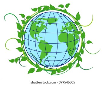 Planet Earth with depiction of continents in the wreath with green lianas as a concept of Earth Day, vector illustration isolated on the white background