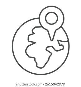 Planet earth with desert location thin line icon, arabian desert concept. Vector graphics. Desert place map pointer pin sign on white background, outline style icon for mobile or web design