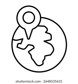 Planeta tierra con ubicación en el desierto icono de línea delgada, concepto de desierto árabe. Gráficos de Vector. Señal del alfiler del puntero del mapa del lugar del desierto en el fondo blanco, estilo o diseño móvil