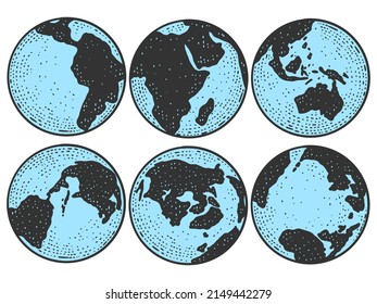 Planet Earth from different angles color. Globe sketch scratch board imitation.