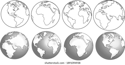 planeta tierra, desde diferentes ángulos, vista de contorno y gris-blanco