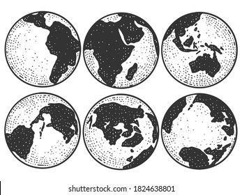 Planet Earth from different angles. Globe sketch scratch board imitation.