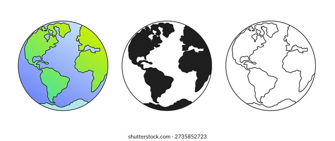 Planet Earth in Different Styles — Colored, Silhouette and Outline Globe Icons