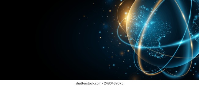 Planet Earth with digital glowing map of dots. Abstract rings in the orbit with stars on dark background. Global communication system. Vector illustration. EPS 10