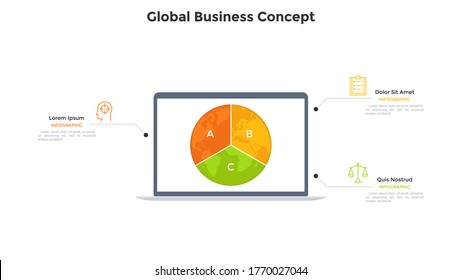 Planet Earth divided into 3 sectors on screen of laptop computer. Concept of three features of global business project. Simple infographic design template. Modern flat vector illustration for banner.