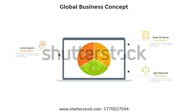 Planet Earth divided into 3 sectors on screen of\
laptop computer. Concept of three features of global business\
project. Simple infographic design template. Modern flat vector\
illustration for\
banner.