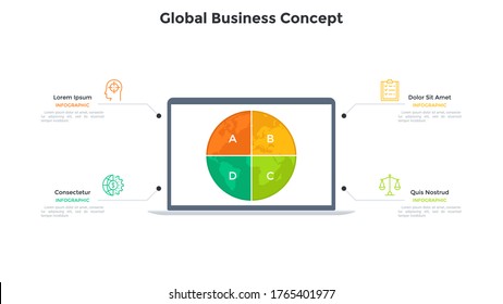 Planeta Tierra dividida en 4 sectores en pantalla de computadora portátil. Concepto de cuatro características de un proyecto comercial global. Plantilla sencilla de diseño infográfico. Ilustración vectorial plana moderna para banner.
