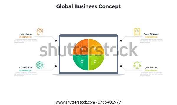 Planet Earth divided into 4 sectors on screen of\
laptop computer. Concept of four features of global business\
project. Simple infographic design template. Modern flat vector\
illustration for\
banner.