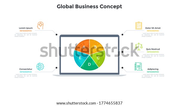Planet Earth divided into 5 sectors on screen of\
laptop computer. Concept of fire features of global business\
project. Simple infographic design template. Modern flat vector\
illustration for\
banner.