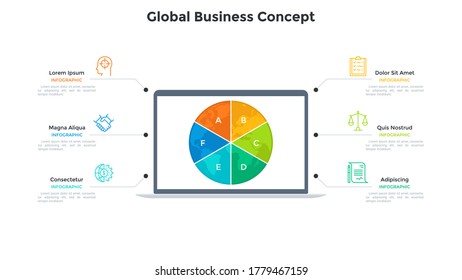 Planet Earth Divided Into 6 Sectors On Screen Of Laptop Computer. Concept Of Six Features Of Global Business Project. Simple Infographic Design Template. Modern Flat Vector Illustration For Banner.