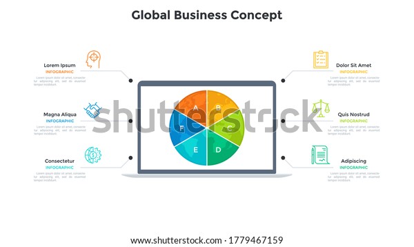 Planet Earth divided into 6 sectors on screen of\
laptop computer. Concept of six features of global business\
project. Simple infographic design template. Modern flat vector\
illustration for\
banner.