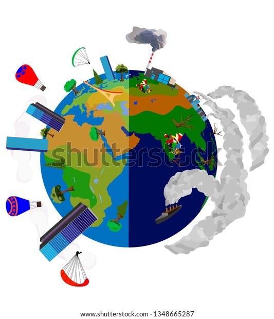 Planet earth is divided into two halves, on\
the one hand a healthy clean earth, and on the other hand polluted.\
on white background.