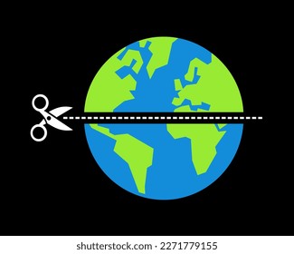 Planet Earth is dividing, splitting and falling apart into Global North and South. Globe is cutted by scissors into part a section. Gap, divide and contrast between continents. Vector illustration.