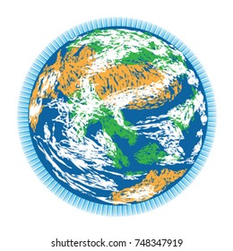 Planet Earth doodle with Asia and Australia map, atmosphere and clouds