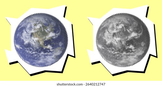 Planet Earth dotted collage element pointilize in paper torn vector for global environmental themes, artistic world maps, or distressed eco-conscious designs. It blends celestial and rustic aesthetics