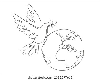 Planet Earth with dove of peace drawn in one continuous line. One line drawing, minimalism. Vector illustration.