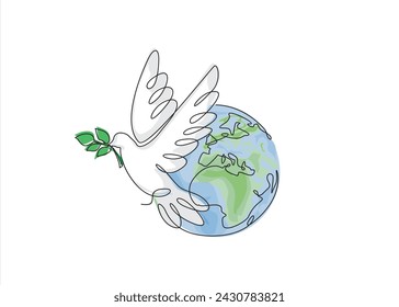 Planet Earth with dove of peace drawn in one continuous line. One line drawing, minimalism. Vector illustration.