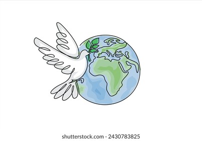 Planet Earth with dove of peace drawn in one continuous line. One line drawing, minimalism. Vector illustration.