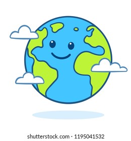 Planet Earth drawing with cute cartoon face. Nature and ecology vector clip art illustration.