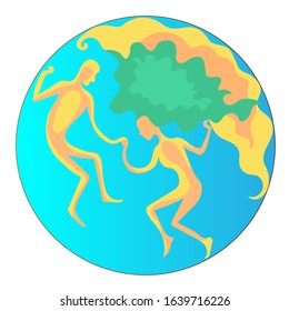 Planet Earth drawing with woman and man silhouettes. Psychological and ecological vector color cartoon image.