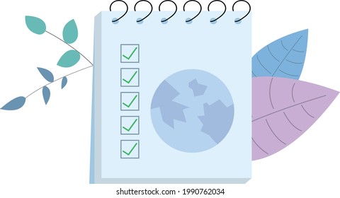 planet Earth is drawn in a notebook next to green checkmarks in the cells as a symbol of approval