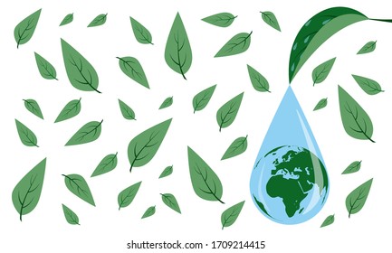Planet earth in a drop on a leaf of a tree. World Environment Day. vector illustration
