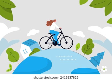 Planet earth and ecology poster. Happy woman character riding, cycling on bicycle in nature at forest. Environmental friendly, healthy lifestyle and travel concept. Vector illustration 