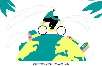 Afiche del planeta tierra y la ecología. Personajes masculinos montando, en bicicleta en la naturaleza.  Concepto de viaje, estilo de vida saludable y respetuoso con el medio ambiente. Ilustración vectorial.