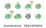 Planet earth ecology problem and conservation set. Cute doodle bundle of stickers. World globe with child face. Global warming, plastic pollution, air pollution, care, green world.