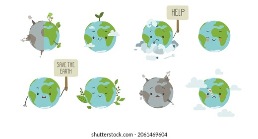 Planet earth ecology problem and conservation set. Cute doodle bundle of stickers. World globe with child face. Global warming, plastic pollution, air pollution, care, green world.