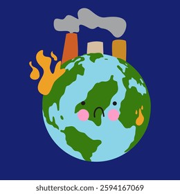 Planet earth ecology problem and conservation. Problems of land pollution, global warming, plastic pollution, air pollution, care, green world. Save the planet. Vector illustration