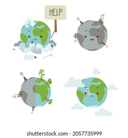 El conjunto de problemas ecológicos de la Tierra Planeta. Un montón de pegatinas. Mundo con la cara infantil. Calentamiento global, contaminación de plástico, contaminación del aire.