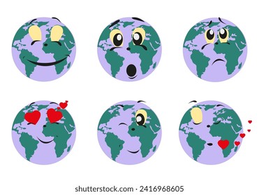 Planet Earth emoticons. Set of vector colored cartoon characters about Earth. Vector illustration, earth emotions isolated on white background. Funny ecology character emotions.