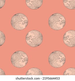 Planet earth engraved seamless pattern. Vintage sphere of world in hand drawn style. Sketch texture for fabric, wallpaper, textile, print, title, wrapping paper. Vector illustration.