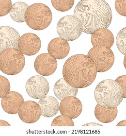 Planet earth engraved seamless pattern. Vintage sphere of world in hand drawn style. Sketch texture for fabric, wallpaper, textile, print, title, wrapping paper. Vector illustration.