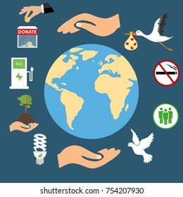 Planet Earth environment under protection, ecology. Environmental protection. Flat design, vector illustration.
