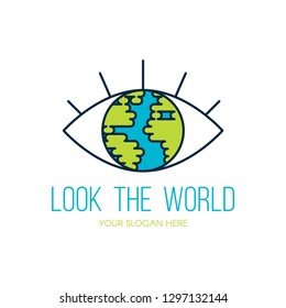 Planet Earth eye flat vector logo design. Look the world outline travel agency sign concept