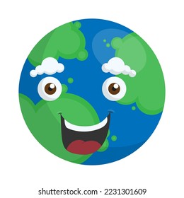 Planet earth with eyes, mouth and clouds for apps and websites in cartoon, flat style. Vector