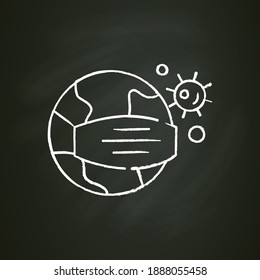 Planet Erde mit Gesichtsmaske Kreide Symbol. Neues normales Konzept. Regeln zur Verhütung von Virusverbreitungen weltweit. Gesundheitsfürsorge. Neues Leben nach dem Ausbruch der Covid-19-Pandemie. Einzige Vektorgrafik auf der Tafel