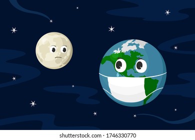 Planet Earth in face mask and Moon. Cartoon style. Vector illustration. 