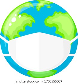 Planet Earth with face mask protect. Environmental pollution concept. Fine dust, air pollution, industrial smog, pollutant gas emission. Vector illustration.