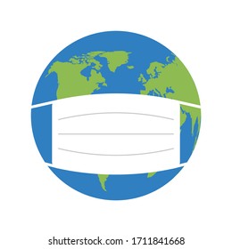 Planet earth with face mask protection, medical mask. Save planet from corona virus, environmental disaster, pollution. Safe wear mask, prevention from virus. Safety globe, world. Vector illustration
