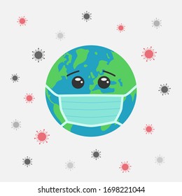Planeta tierra con máscara facial. Virus corona, covid-19. Ilustración pandémica vectorial.