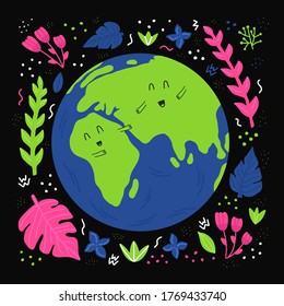 Planet Earth flat hand drawn illustration. International Friendship Day. Eurasia and Africa on the globe on botanical background